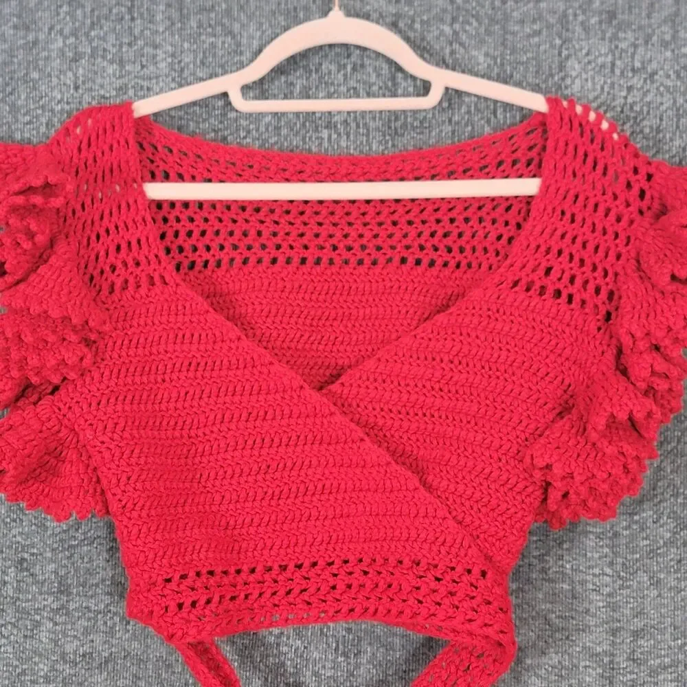 Handmade Crochet Knit Crop Top Womens S Red Short Ruffle Sleeve Wrap Tie Waist